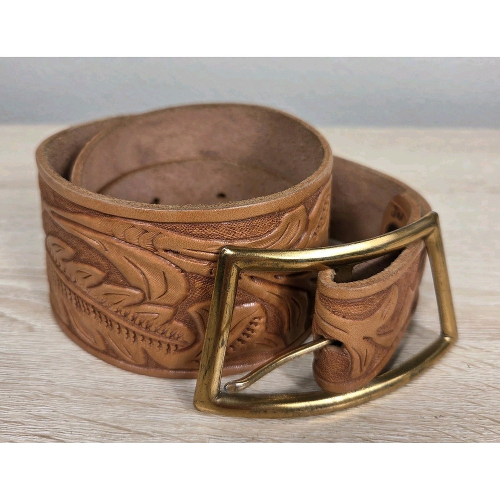 Tooled Leather Western Belt Brass Buckle Tan Brown Leather Size M/L